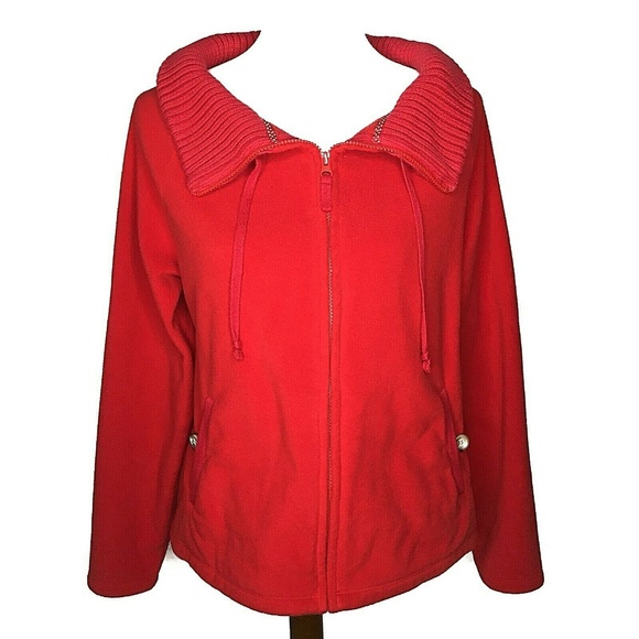 Land's End Full Zip Fleece Jacket Red Size Medium Pockets - Picture 2 of 8
